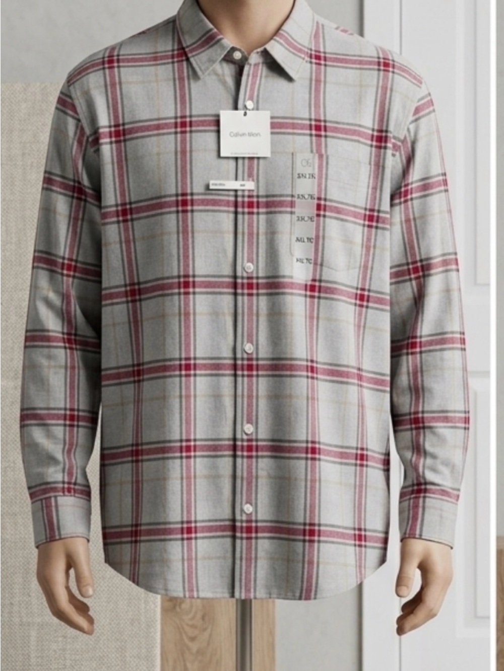 Calvin Klein Gray and Red Plaid Casual Button-Down Shirt